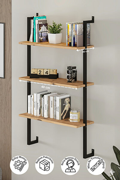 Euromob 40x20 cm Siyah Metal 3 Raflı Duvar Rafı | Kitaplık & Mutfak Banyo Org...