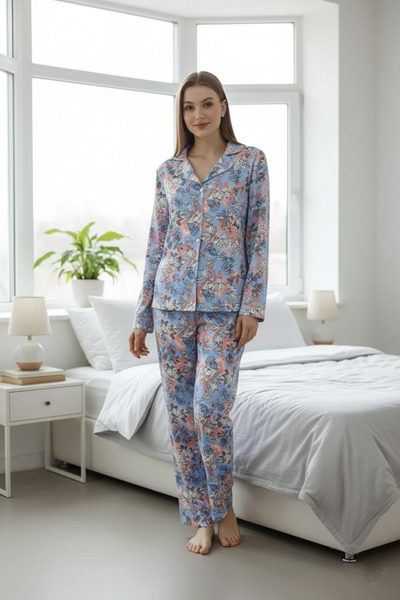 Arvin Pijama Kadın Pamuklu Düğmeli Gömlek Yakalı Pijama Takımı