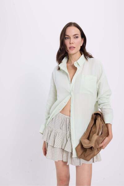 Tudors Women's Oversize Wide Cut 100% Cotton Muslin Fabric Long Sleeve Pocketed Textured Light Mint Shirt