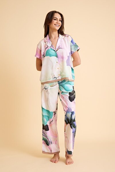 Amarelle Paradise Floral Patterned Viscose Buttoned Silky Pajama Set