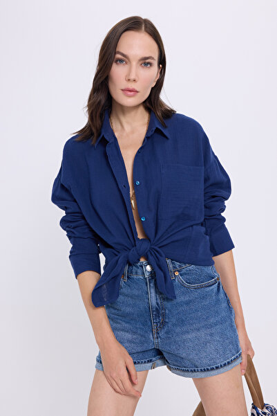 Tudors Жіноча сорочка оверсайз, широкий крій, 100% бавовна, муслінова тканина, довгі рукави, кишені, фактурна, синя