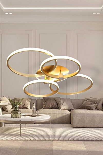 EYSHOP Modern Eskitme Gold 4’lü Yuvarlak Tek Renk Günışığı LED Avize Salon Ya...
