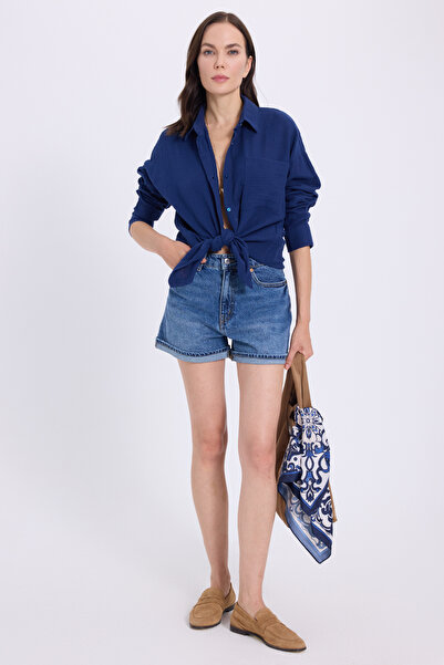 Tudors Жіноча сорочка оверсайз, широкий крій, 100% бавовна, муслінова тканина, довгі рукави, кишені, фактурна, синя