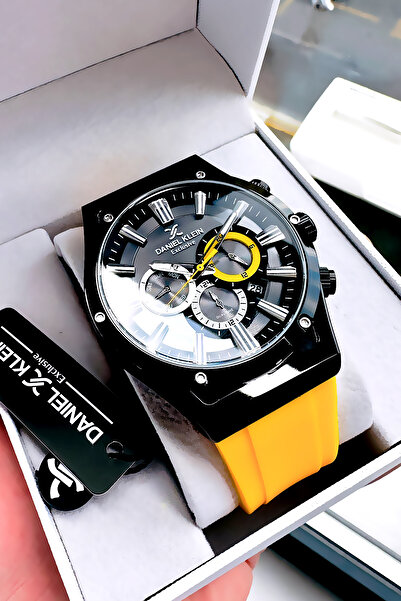 Daniel Klein Exclusive Hediyelik Erkek Kol Saati Su Geçirmez Sarı Silikon Kordon - Hediye Bileklik DKER2059C1