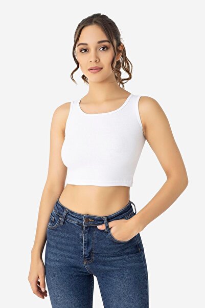 Arma Yıldız Women's Cotton Ribbed Halter Neckline Thick Strap Crop White