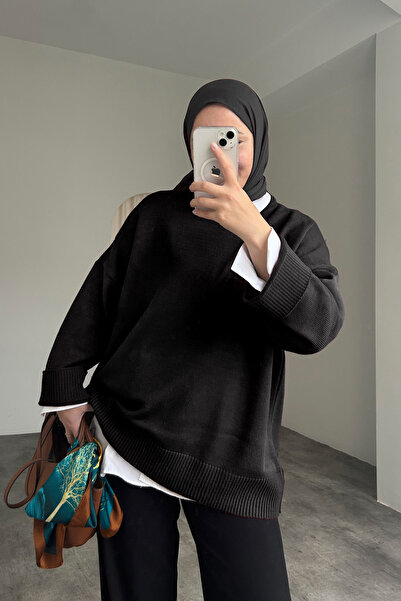 HYWONA Γυναικείο πλεκτό πουλόβερ με λαιμόκοψη oversized Μαύρο