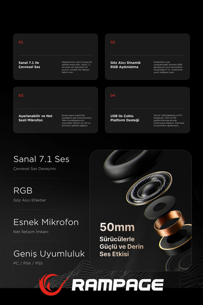 Rampage Rm-k56 Specter Usb 7.1 Rgb Mikrofonlu Oyuncu Kulaklığı Gaming Kulaklık E-Spor Kulaklık