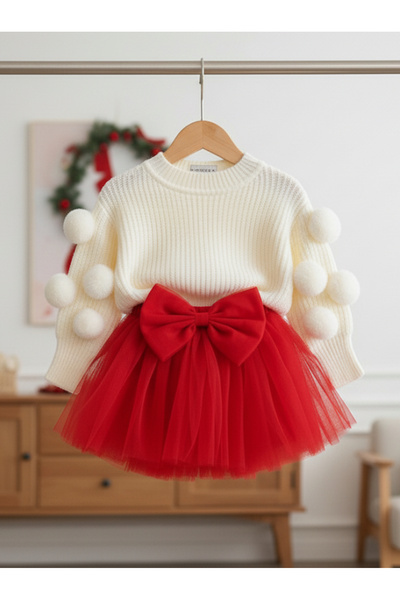 kokosh _ kidss burcu sapmaz Girls' Pom-Pom Knit Sweater and Red Tutu Skirt Set