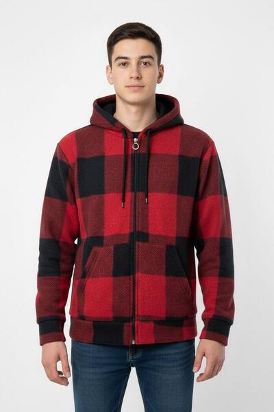 NEWKİDS Hooded Zippered Plaid Patterned Long Sleeve Boys Cardigan