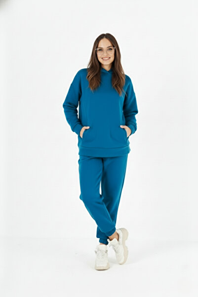 ESPİNA Set de trening pentru femei, cu căptușeală din fleece piese, supradimensionat buzunare - Albastru închis