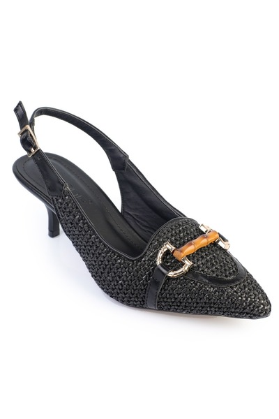 Capone Outfitters Angy Hasır Sivri Burunlu Orta Topuklu Ahşap Tokalı Kadın Ayakkabı