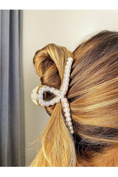 Pretty Pearl Detailed Knot Peg Hair Clip – Women's Hair Accessory, Large Clip Buckle, Stylish and Elegant Model