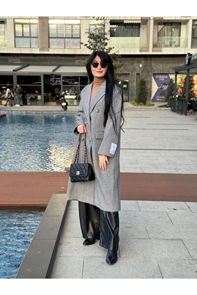 FEMİAS Armalı Balık Sırtı Gri Uzun Kaban