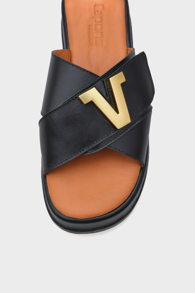 Capone Outfitters Dara Genuine Leather Cross Strap V Buckle Wedge Heeled Comfort Women's Slippers