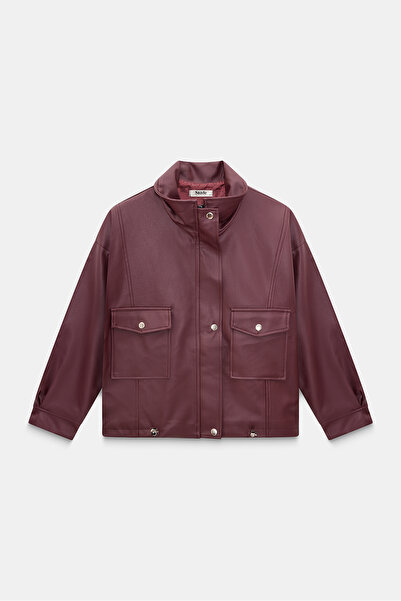 Saade Women's Relax Fit Faux Leather Bomber Jacket with Mock Neck Snap Closures and Zipper Pockets - Adjustable Waist