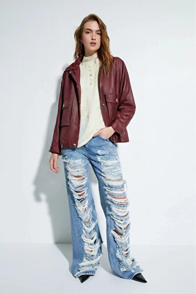 Saade Women's Relax Fit Faux Leather Bomber Jacket with Mock Neck Snap Closures and Zipper Pockets - Adjustable Waist