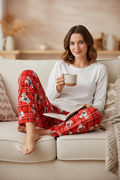 Mrey Red Teddy Bear Striped Checkered Patterned Soft Velvet Pajama Bottom, Single Bottom Pajamas