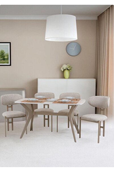 PLASMOB 80x140 Mutfak Masası Takımı 1 Masa + 4 Sandalye Salon Masası Viktoria Model-Traverten/Capiçino