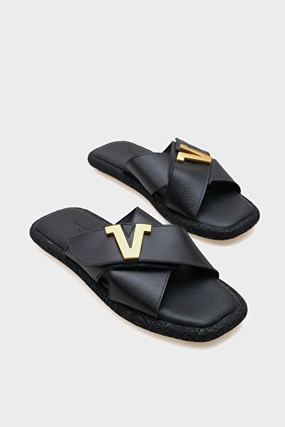 Capone Outfitters Kata Genuine Leather Cross Banded V Buckle Flat Heeled Comfort Women's Slippers