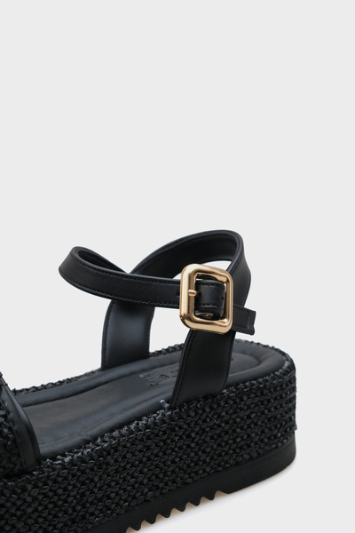 Capone Outfitters Vanda Wooden Single Buckle Leopard Straw Wedge Heeled Women's Sandals