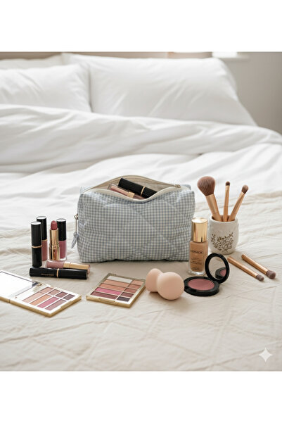 Mufincollection Geantă de machiaj cu carouri albastre, umplută cu fibre moi