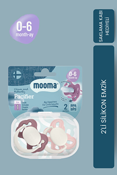 MOOMA Clown & Butterfly Silikon Emzik 2’li No:1 (0–6 Ay) – BPA & BPS İçermez, Saklama Kabı Hediyeli