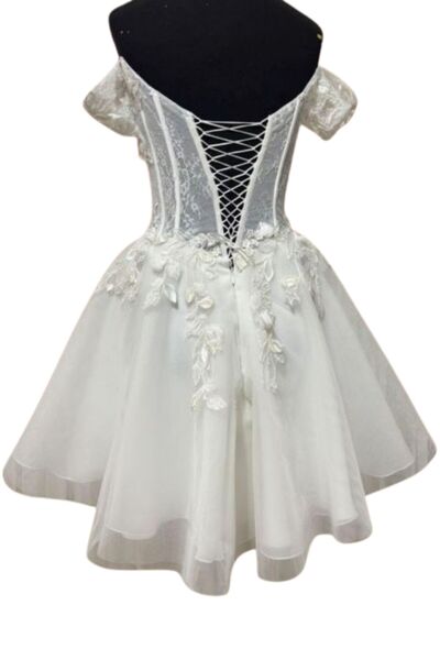 Uretti - Talia 8659 7076 El Yapımı Dantel Detaylı Kısa Transparan Gelinlik - 38 / 40