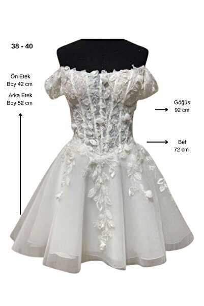 Uretti - Talia 8659 7076 El Yapımı Dantel Detaylı Kısa Transparan Gelinlik - 38 / 40