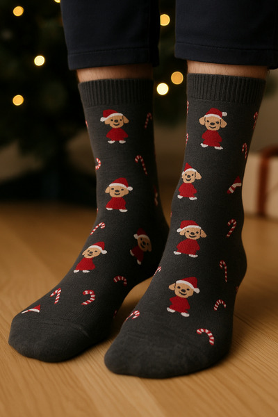 Katia&Bony Мъжки чорапи с мотив куче, тъмно сиво меланж