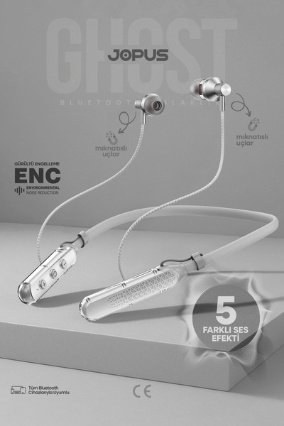 Jopus Ghost Boyun Askılı HD Ses Kaliteli Ses Değiştirme Modlu v5.3 Kablolu Bluetooth Kulaklık Gri