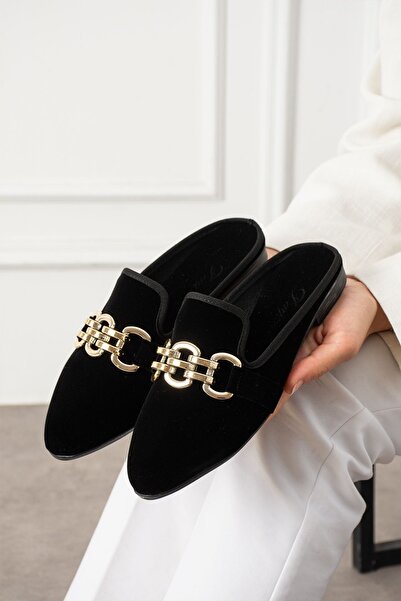 FUGA MODA Santi Siyah Büyük Gold Zincirli  Elegant Ev Terliği