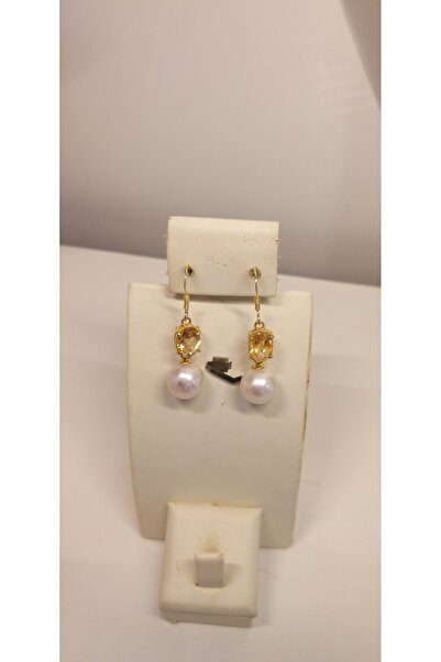 GÜNKAN GÜMÜŞ Doğal Barok İnci Sitrin Taşlı Altın Kaplama Gümüş Küpe