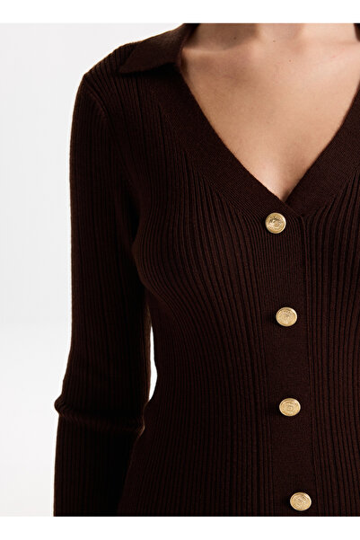 Fabrika V Yaka Yaka Düz Kahve Midi Kadın Elbise F4WL-ELB0363