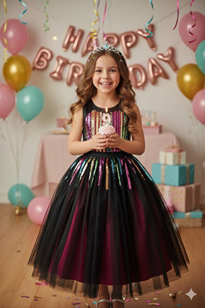 Dide Kids Kız Çocuk Siyah Büstiyeri Payetli Abiye Elbise