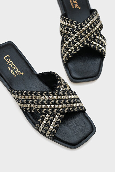 Capone Outfitters Kyla Flat Heeled Blunt Toe Metal Accessory Cross Strap Straw Women's Slippers