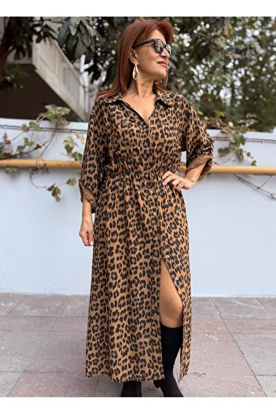 DenizEge Ιταλικό φόρεμα Belmando Leopard Camel