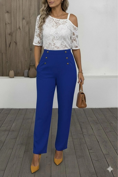 Butik Women's Button Detail Wide Leg Imported Crepe Trousers