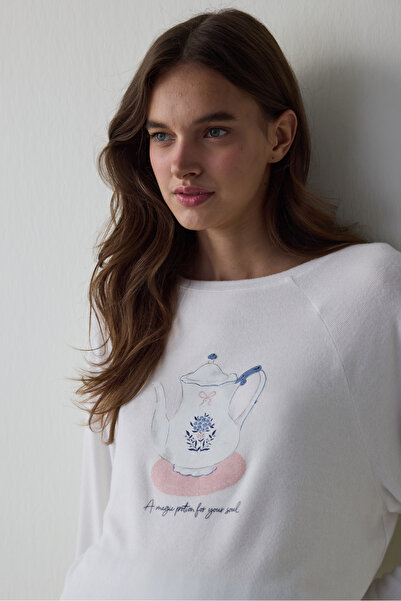 Penti Off-White Tea Time Crew Neck Thermal Effect Sweatshirt Pajama Top