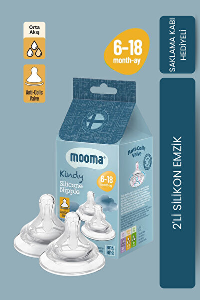 MOOMA Kindy Silikon Biberon Emziği 2’li Paket 6–18 Ay (Orta Akış) – Antikolik Ventilli | BPA & BPS İçermez