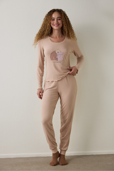 Penti Bej Dreaming Leopar Desenli Bisiklet Yaka Uzun Kollu Pijama Üstü