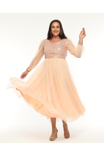 Asees V Yaka Payetli Esnek Tül Abiye