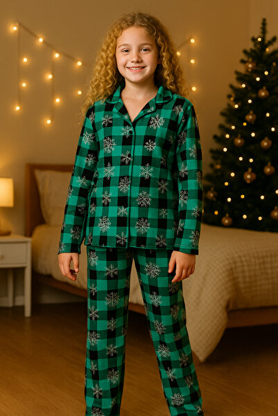 rindahomewear Girl's Collared Buttoned Front Pajama Set