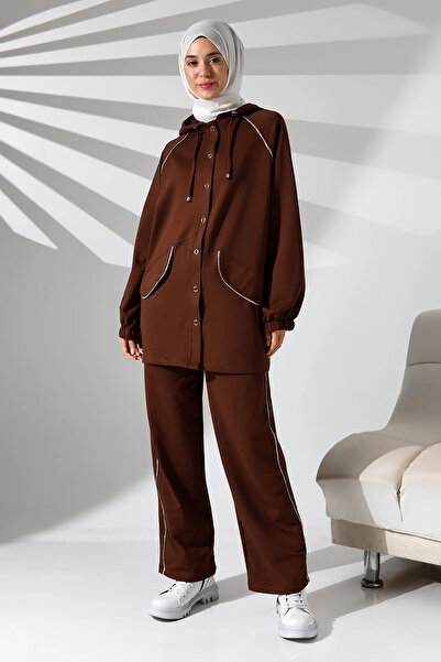 Mihran Butik طقم حجاب نسائي أنيق - تونيك وبنطلون بني موسمي ممشط، رياضي ومريح