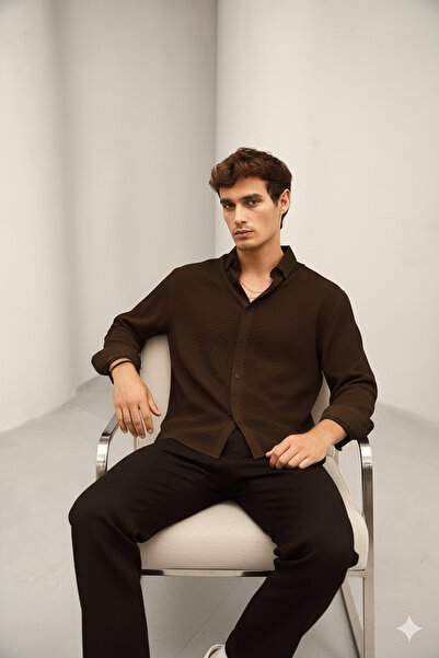 Bürke Ανδρικό πουκάμισο με μακρυμάνικο μπλε ναυτικό μισό oversized με υφή καλοκαιρινού λινό