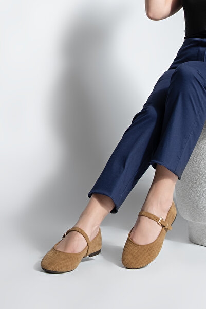 Marjin Women's Patterned Strappy Casual Flats Afira Tan Suede