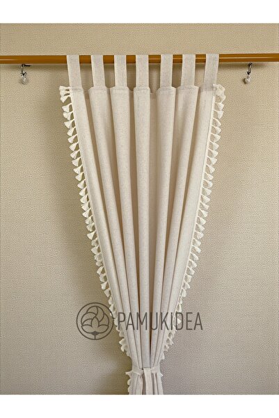 pamukidea Biritli Cream Pompom - Tasseled 100% Cotton Buldan Linen Rustic Curtain - Single Wing - (En X Size)
