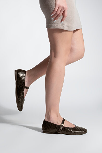 Marjin Women's Patterned Strappy Casual Ballet Flats Afira Brown