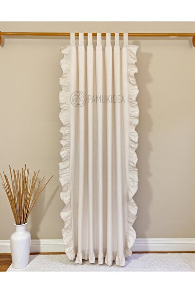 pamukidea Biritli Three Sides Ruffled 100% Cotton Natural Buldan Linen Rustic Curtain - Single Wing - (En X Size)