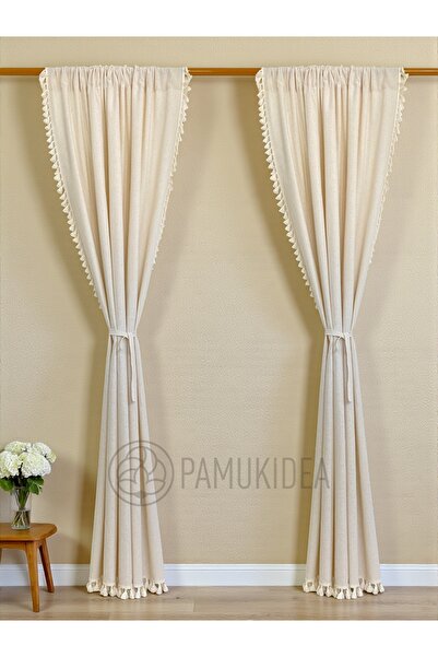 pamukidea Rustic Pocketed Cream Pompom - Tasseled 100% Cotton Buldan Linen Curtain - Single Wing - (En X Size)