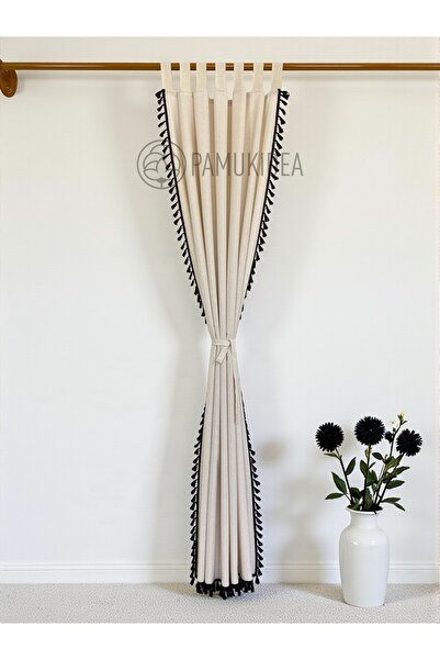 pamukidea Biritli Black Pompom - Tasseled 100% Cotton Buldan Linen Rustic Curtain - Single Wing - (En X Size)